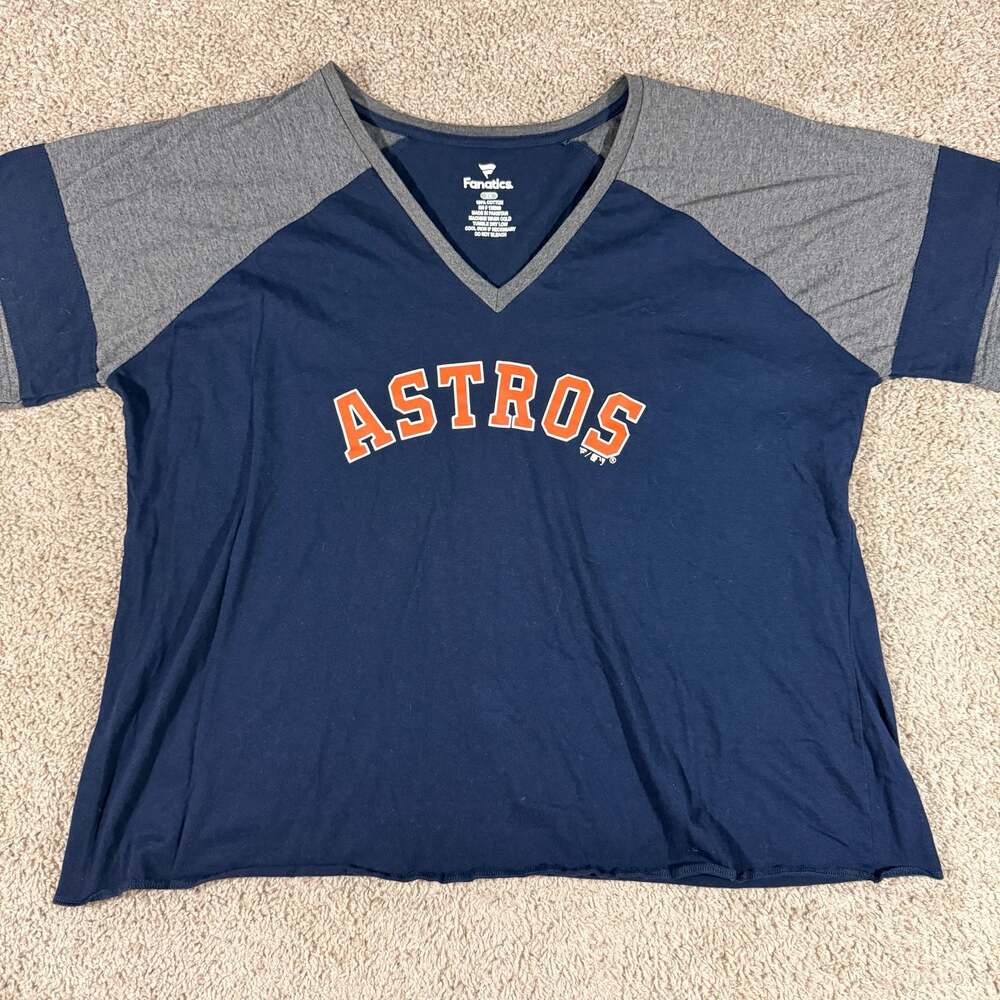 Houston Astros Fanatics Womens 2X Navy Gray V Neck MLB Baseball Tee‎ EUC